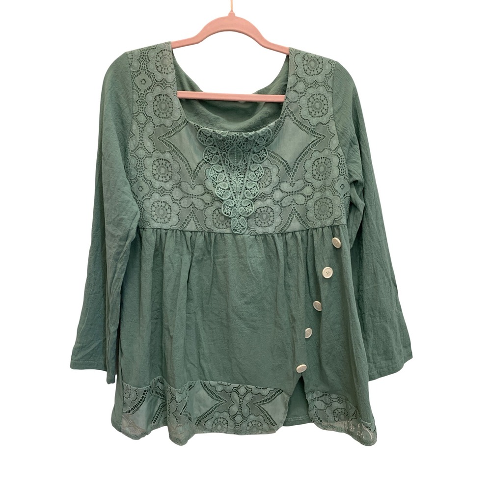 Women's Sage Green Boho Lace Tunic Top Long Sleeve Button Detail Peasant Blouse
